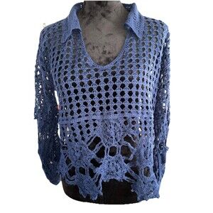 CocoBleu Sweater Woman Medium Navy Knit V-neck Collared Pull Over Top